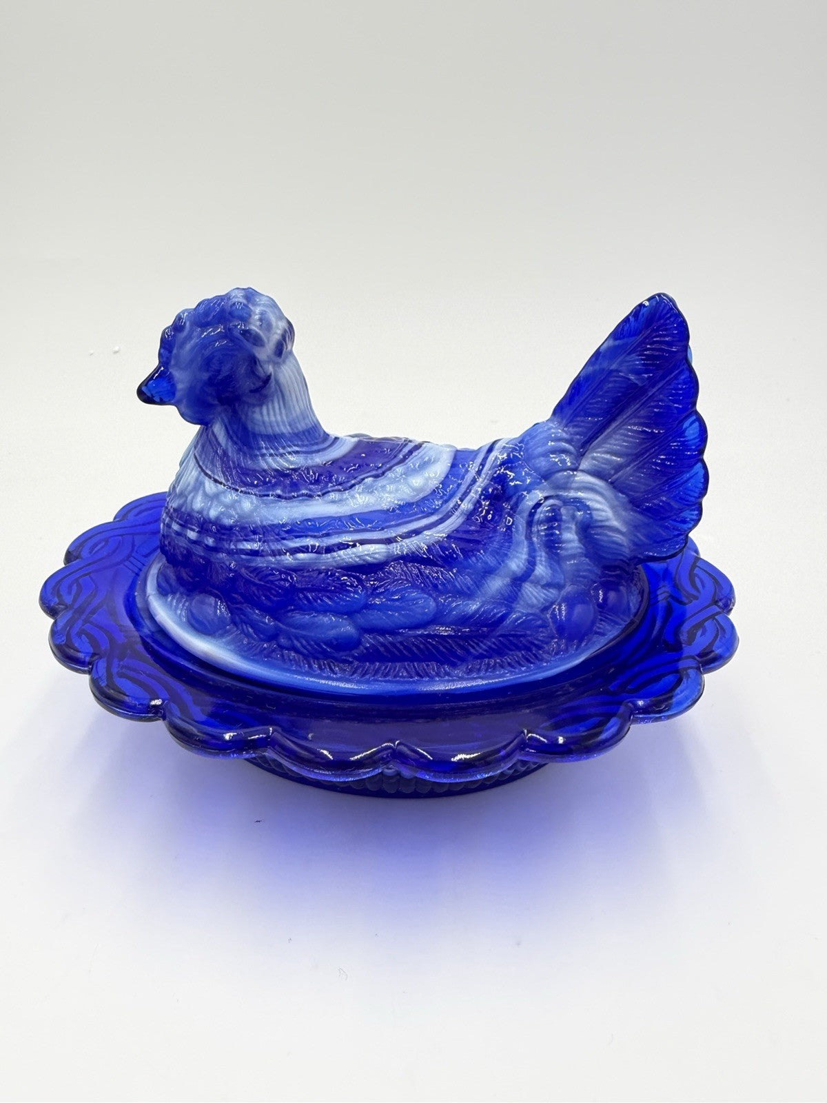 Mosser Art Glass Swirl Hen On Nest 6.5" Cobalt Blue & White Slag Covered Dish