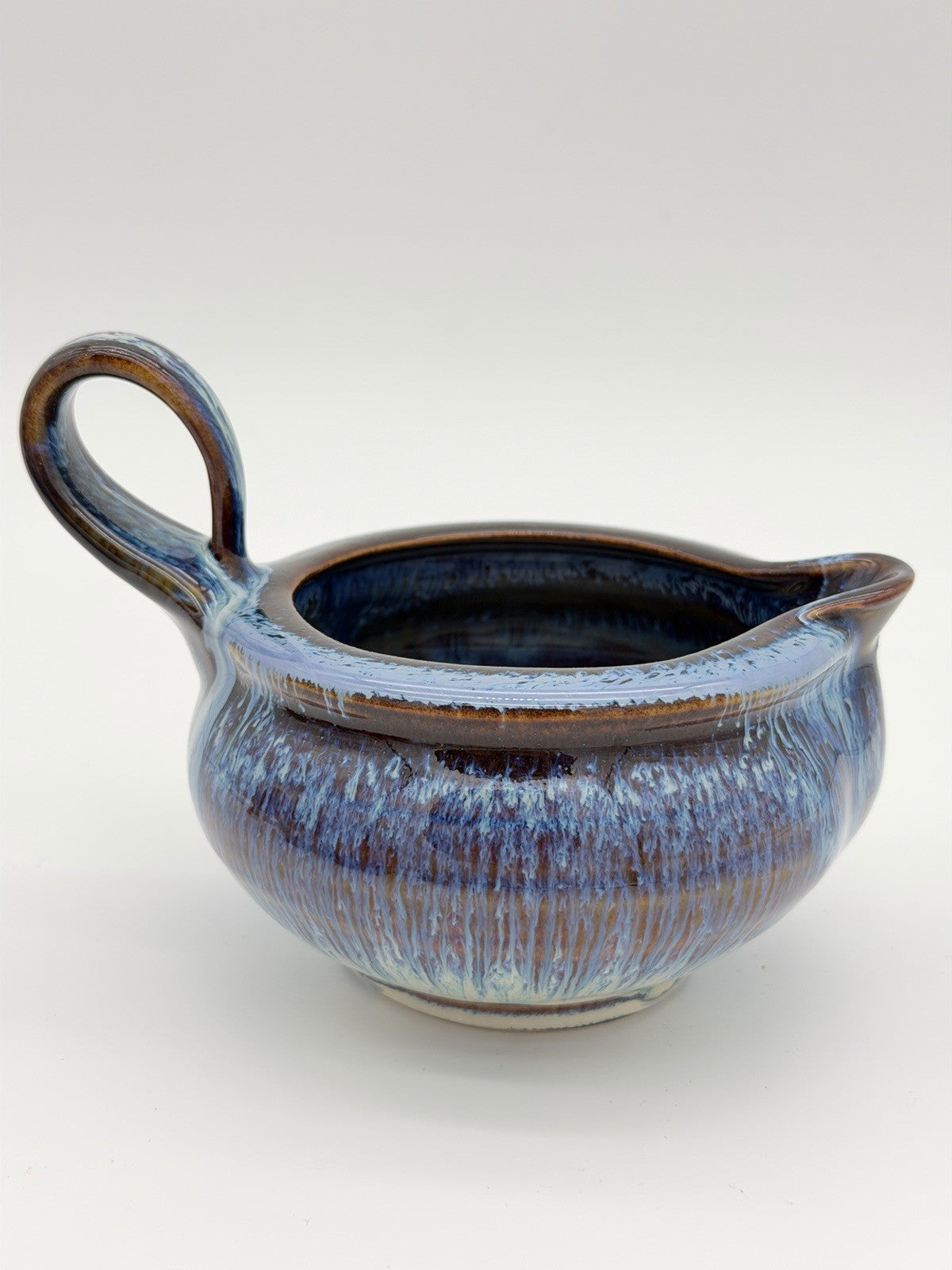 Bill Campbell Studio Art Pottery Gravy Sauce Boat  Brown Blue Drip Glaze 4.5”x6”