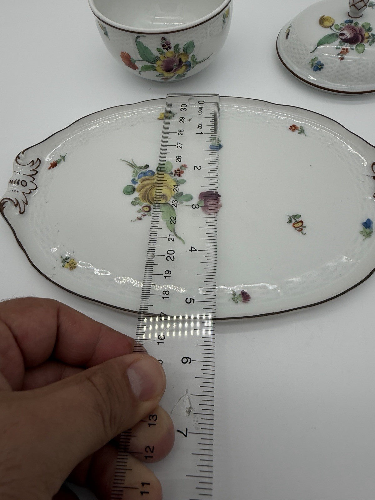 Antique Nymphenburg Porcelain Floral Sugar Bowl & Tray Basket Weave Set 2 PCs