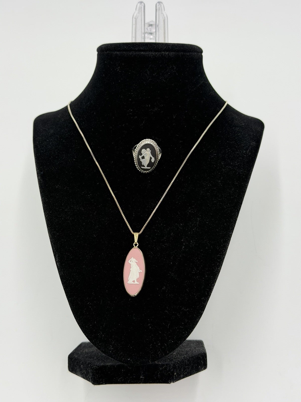 Wedgwood Jasperware Black & Pink Ring Necklace Jewelry Set 2 PCs