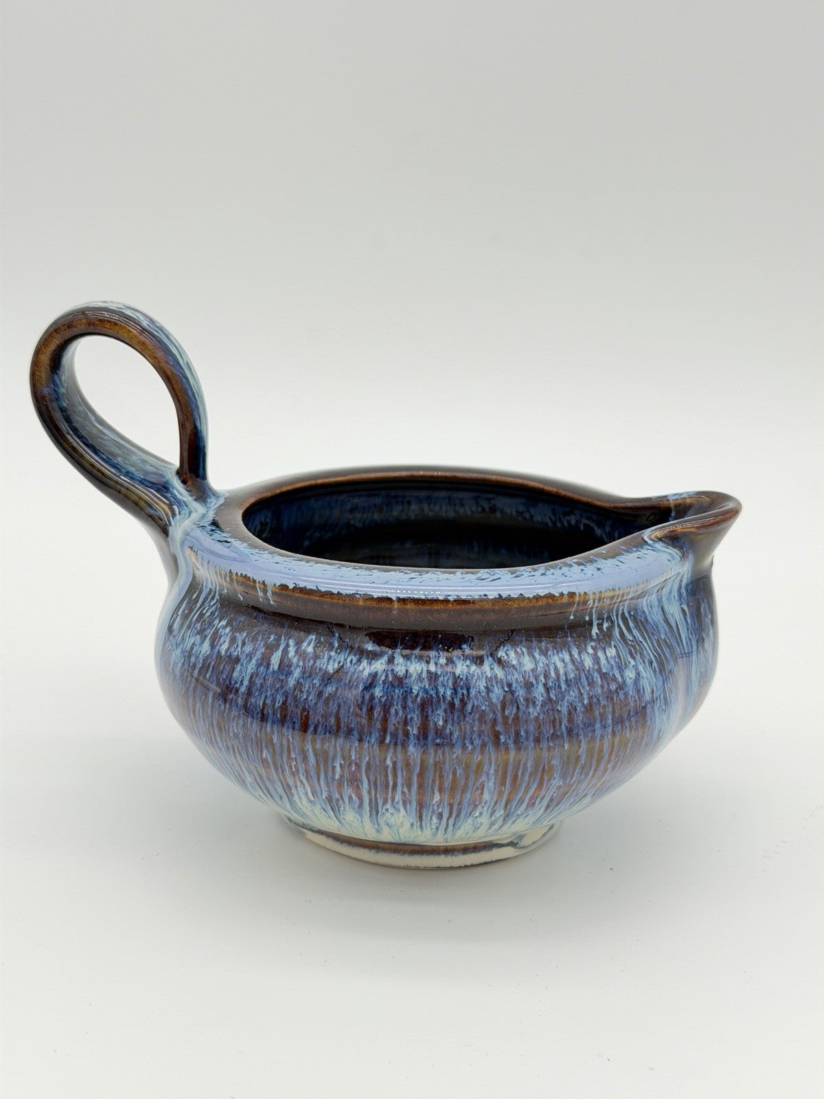 Bill Campbell Studio Art Pottery Gravy Sauce Boat  Brown Blue Drip Glaze 4.5”x6”
