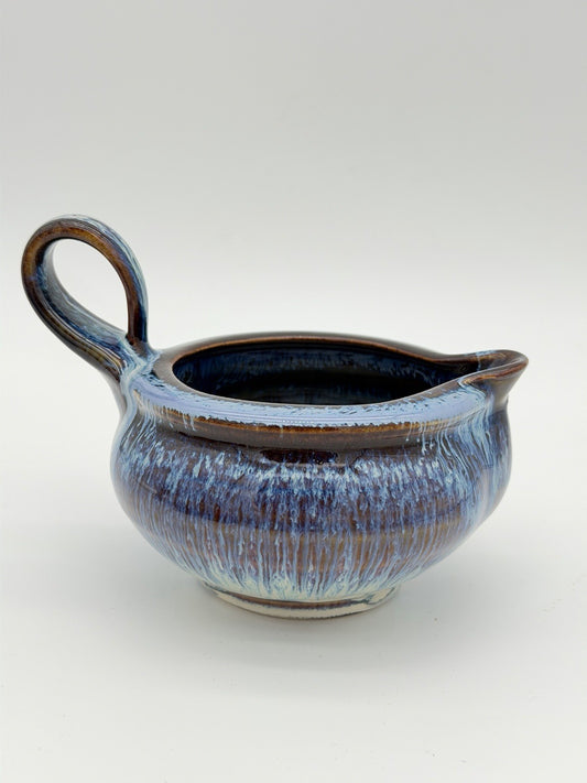 Bill Campbell Studio Art Pottery Gravy Sauce Boat  Brown Blue Drip Glaze 4.5”x6”