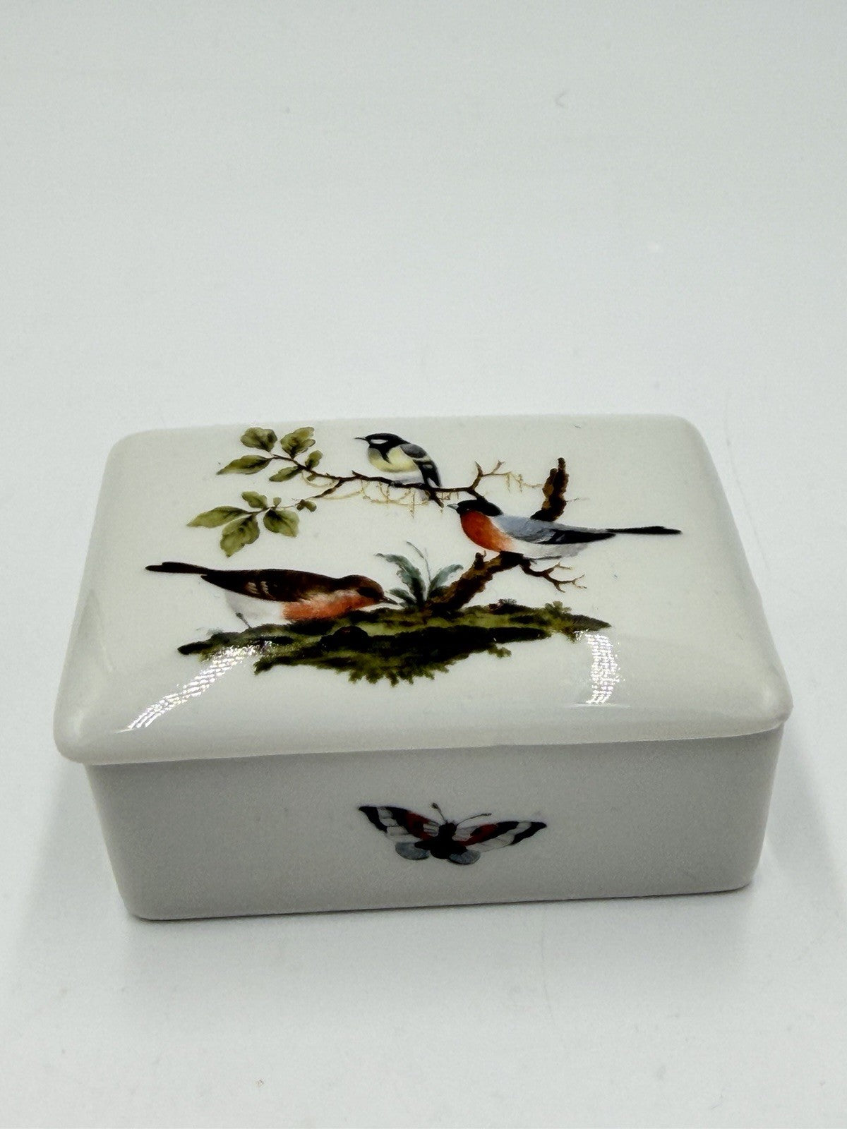 Vtg Limoges France Porcelain Birds Bugs  Botanical Trinket Box 1.5”x3.5”x2.5”