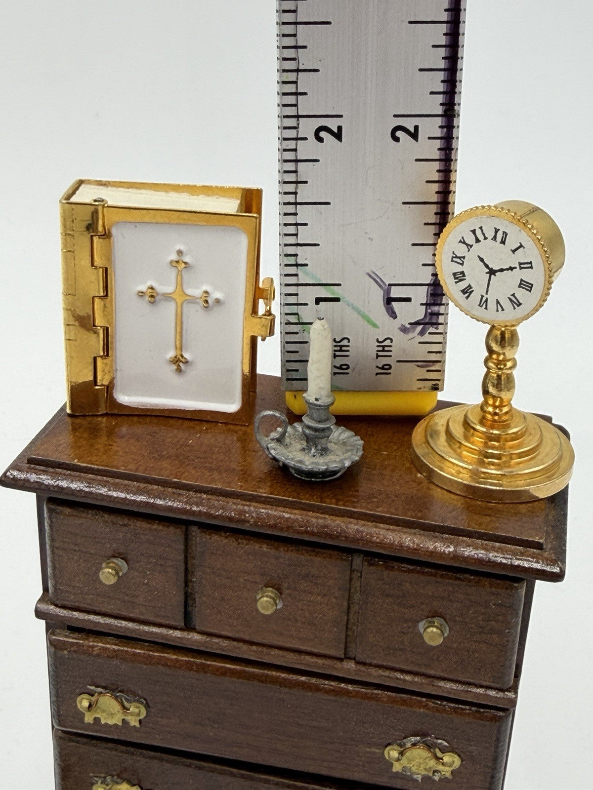 Vintage Dollhouse Furniture Miniature Lot Drawer Bible Clock Tea Set Table