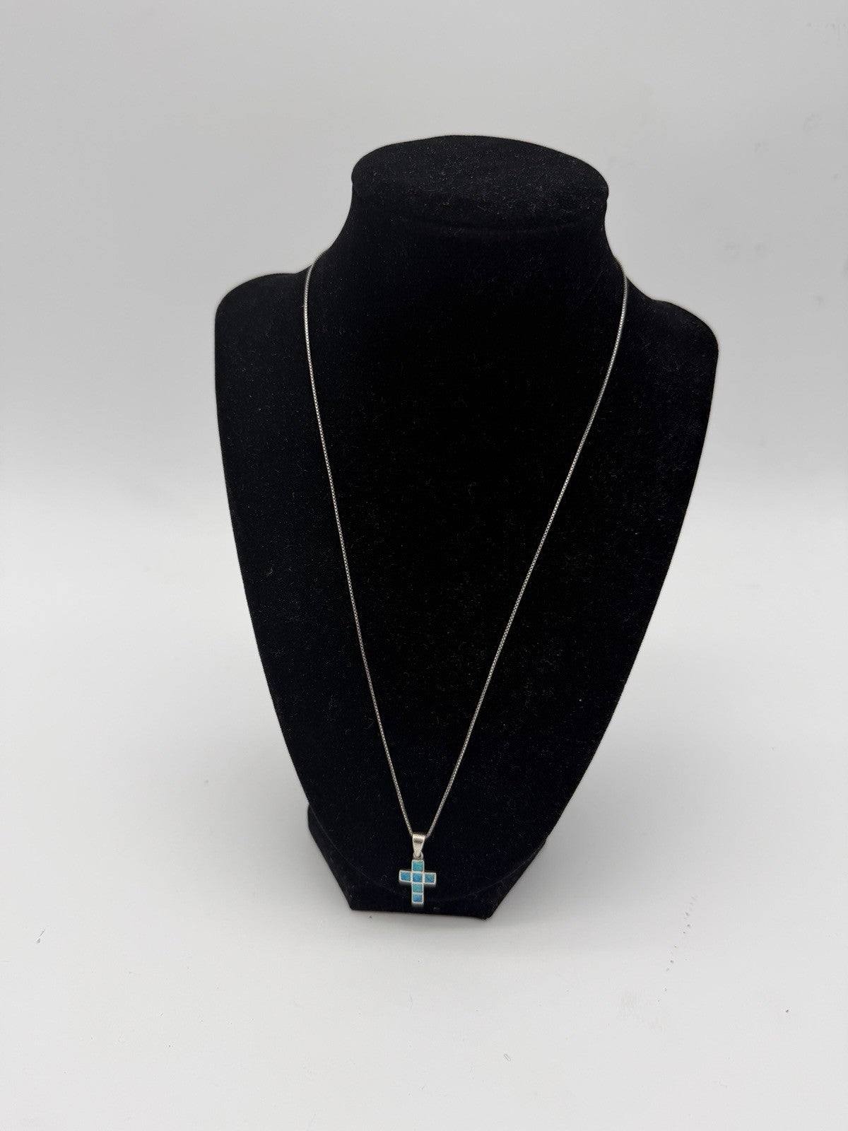 Sterling Silver 925 Sparkly Blue Fire Opal Small Cross Pendant & Necklace 21”