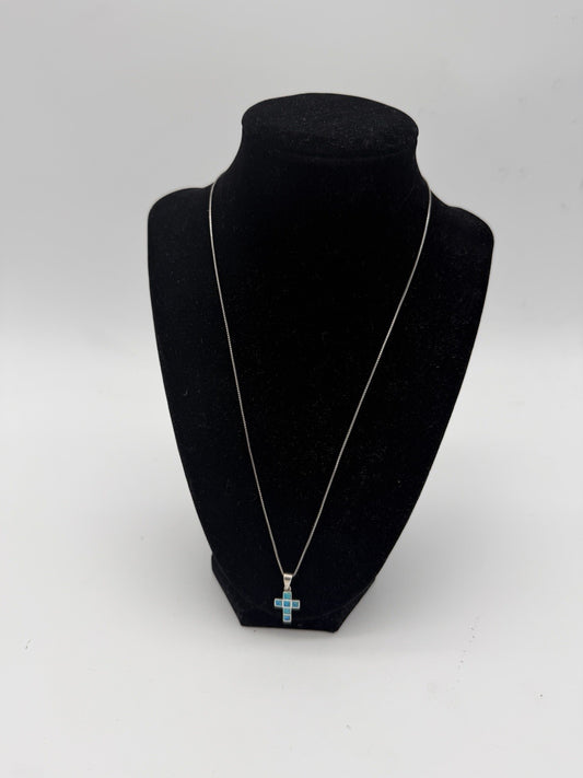 Sterling Silver 925 Sparkly Blue Fire Opal Small Cross Pendant & Necklace 21”