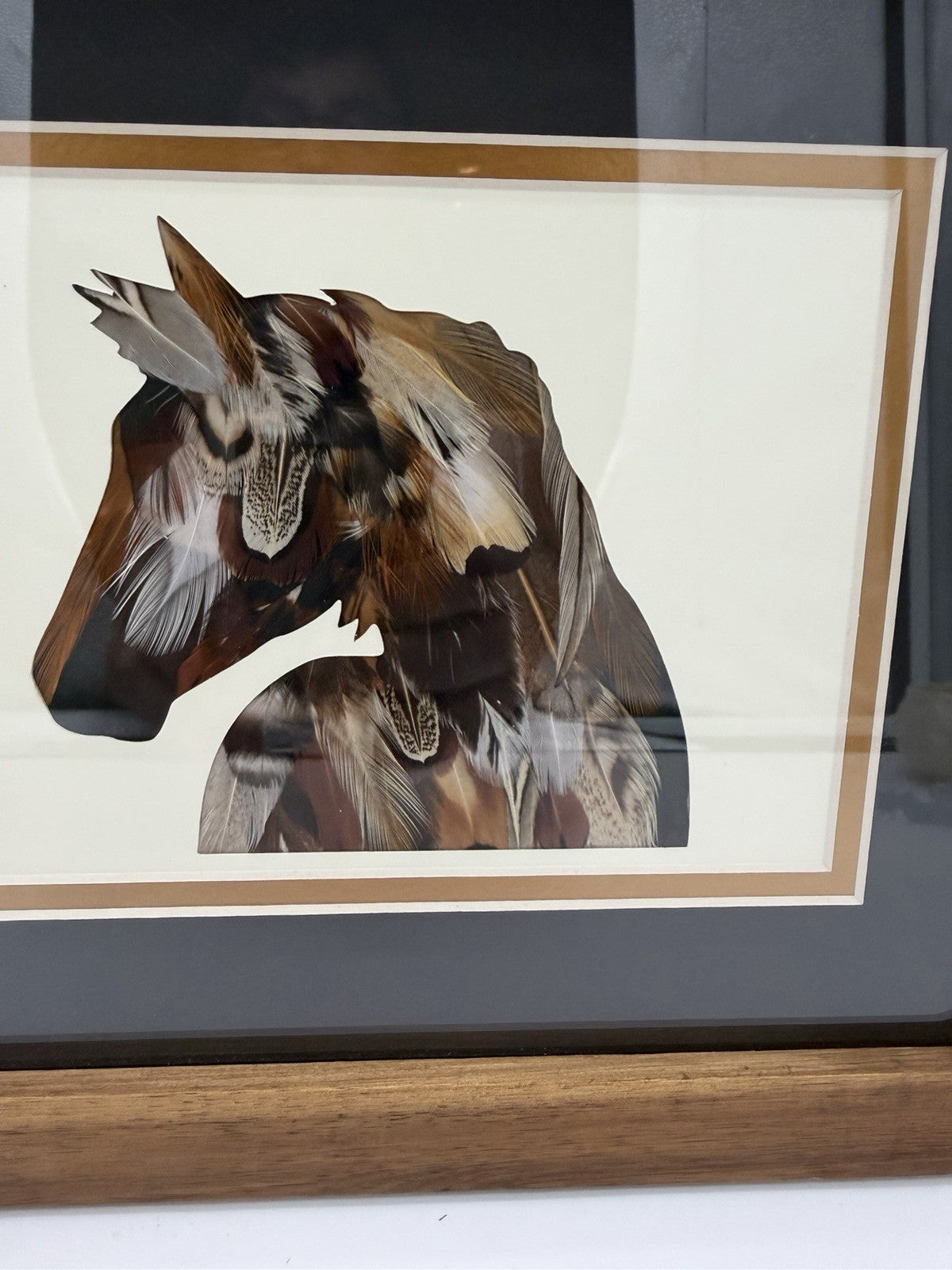 Folk Art Feathers Art Horse Wall Hanging Framed Art Wood Frame 11”x9”