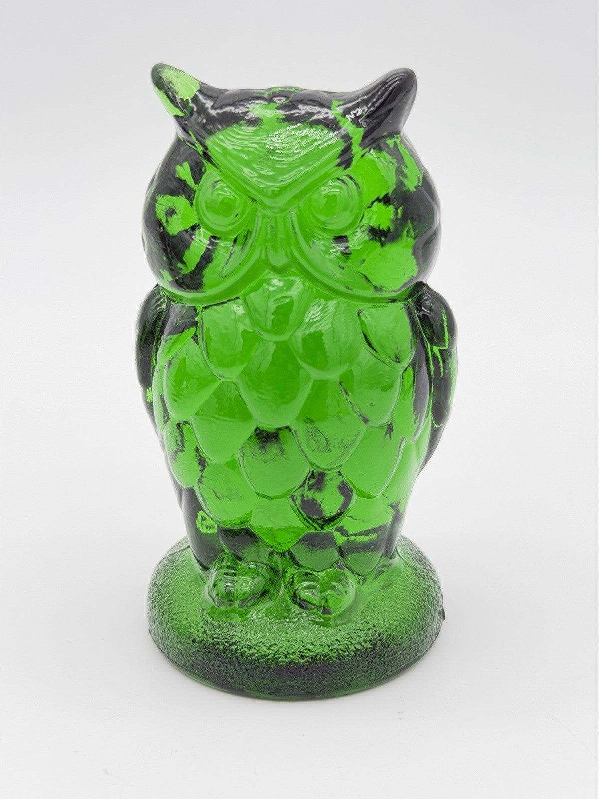Mosser Art Glass Green Emerald Owl Figurine 3.5”H Etched Vintage Rare