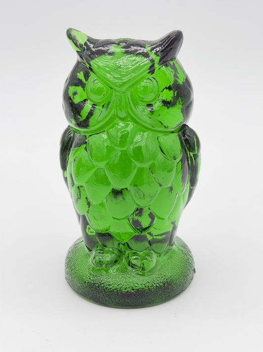Mosser Art Glass Green Emerald Owl Figurine 3.5”H Etched Vintage Rare