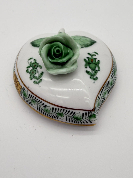 Herend Hungry Heart-shaped Trinket Box Green Rose On The Lid Porcelain (Lid Only