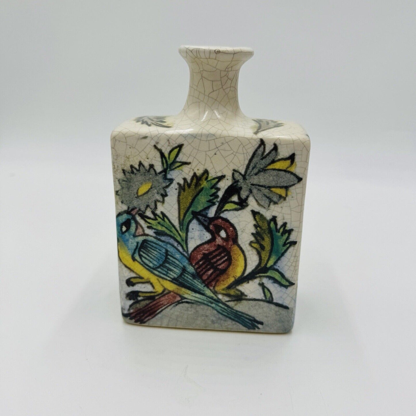 Pottery Barn Ikat Crackled Flower Vase Floral Birds 7” Original PB Sticker
