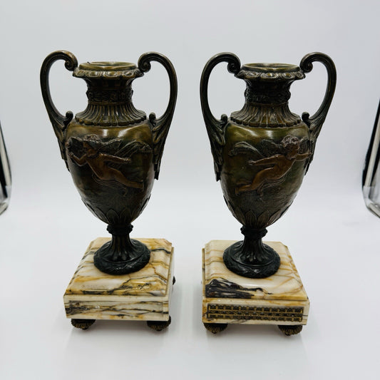 French metal vases rare 1800s Chateau ornate chimney cherubs marble base 13.5in