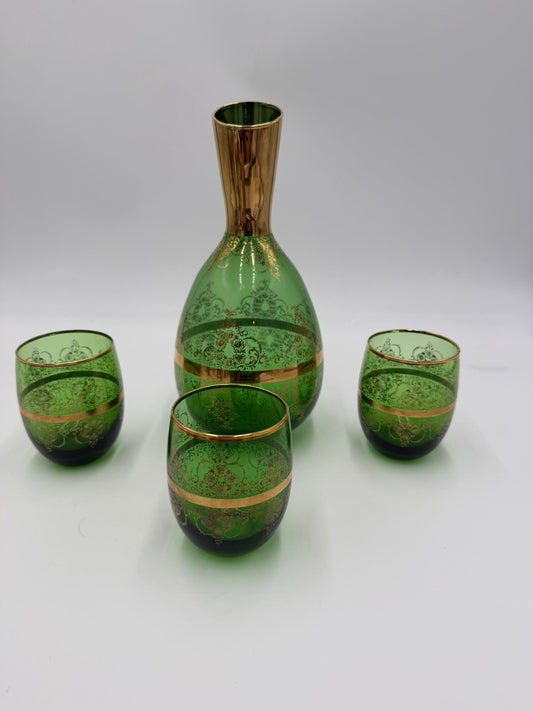 Vintage Murano Art Glass Italy Ferro & Lazzarini Decanter Set Green Emerald 4 Pc