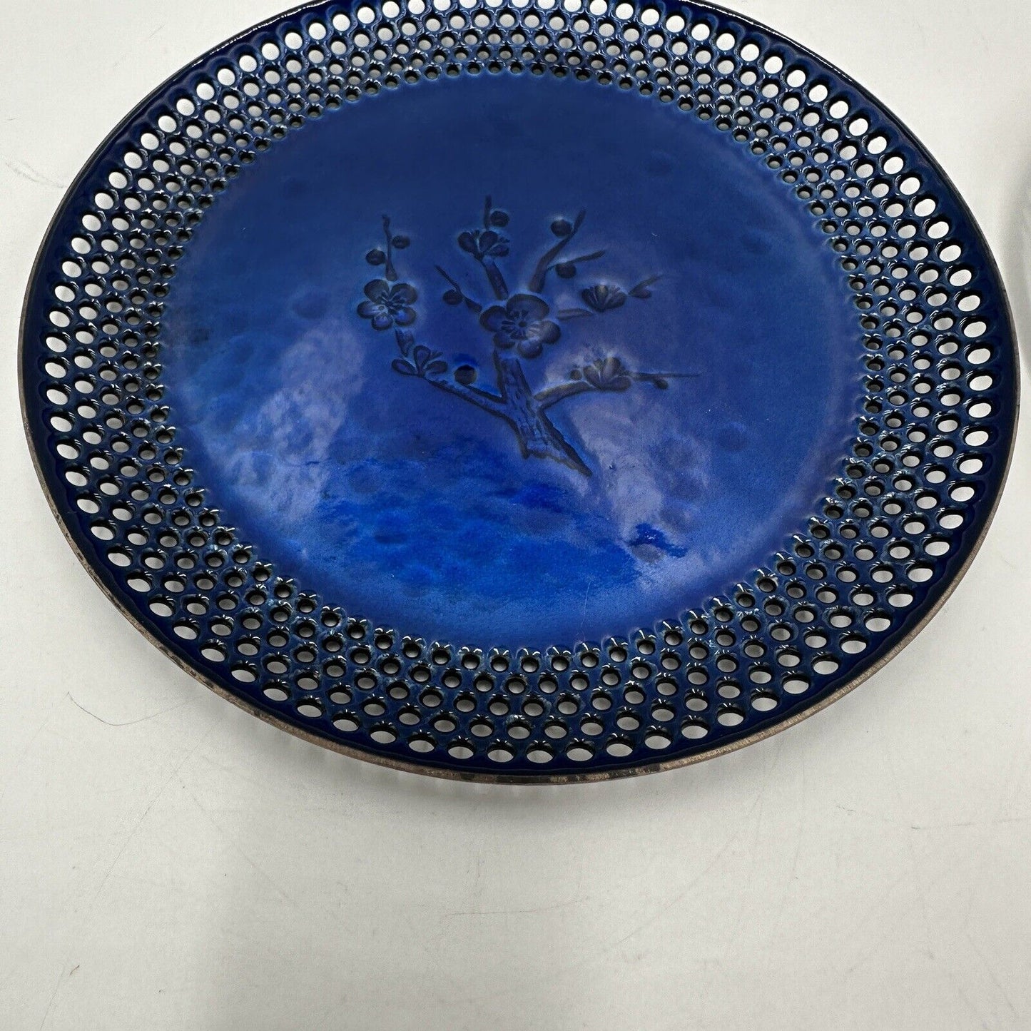 Ando Cloisonné 2 Plates Cobalt Blue Enamel Open Work Rims Japan Small Vintage