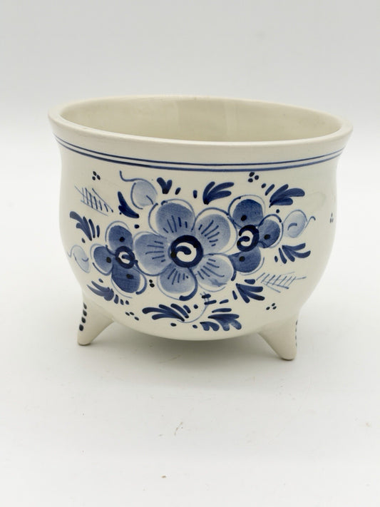 Vintage Delft Dutch Art Pottery Blue White Footed Floral Planter 3”x4” Vase Bowl