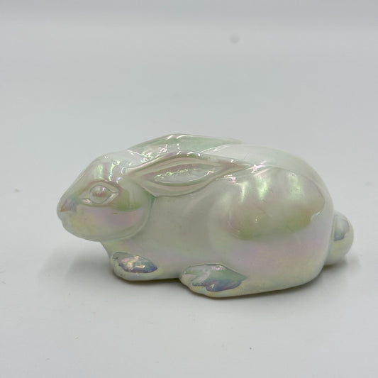Vintage Mosser Art Glass Iridesent Bunny Rabbit Figurine White Small Easter 1”x3