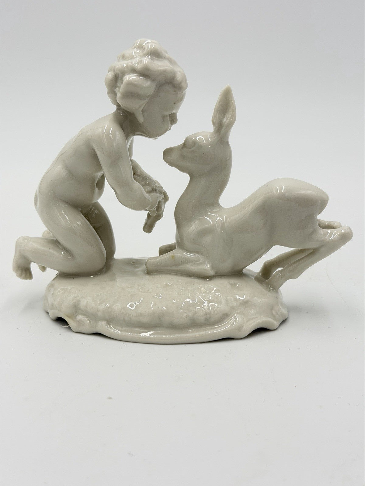 Hutschenreuther Kunstabteilung Putto w/Fawn German Porcelain Figurine Vtg 4”H