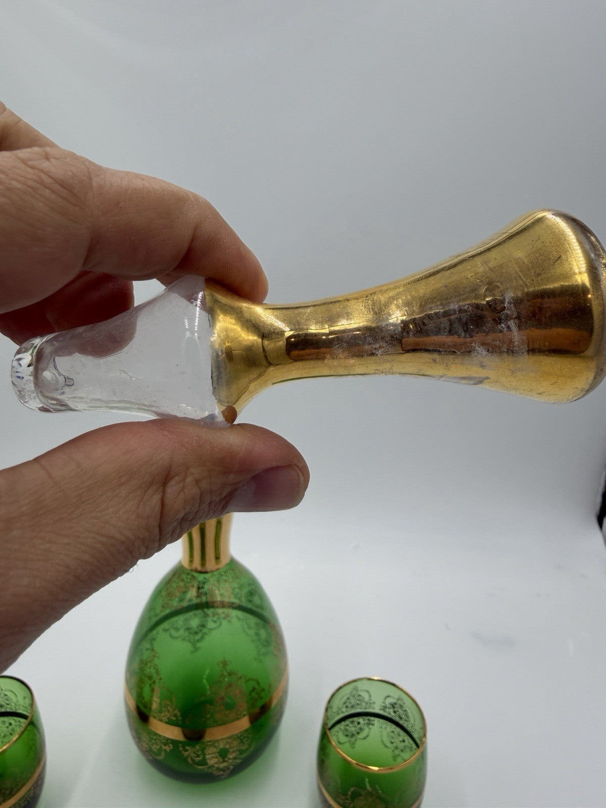 Vintage Murano Art Glass Italy Ferro & Lazzarini Decanter Set Green Emerald 4 Pc