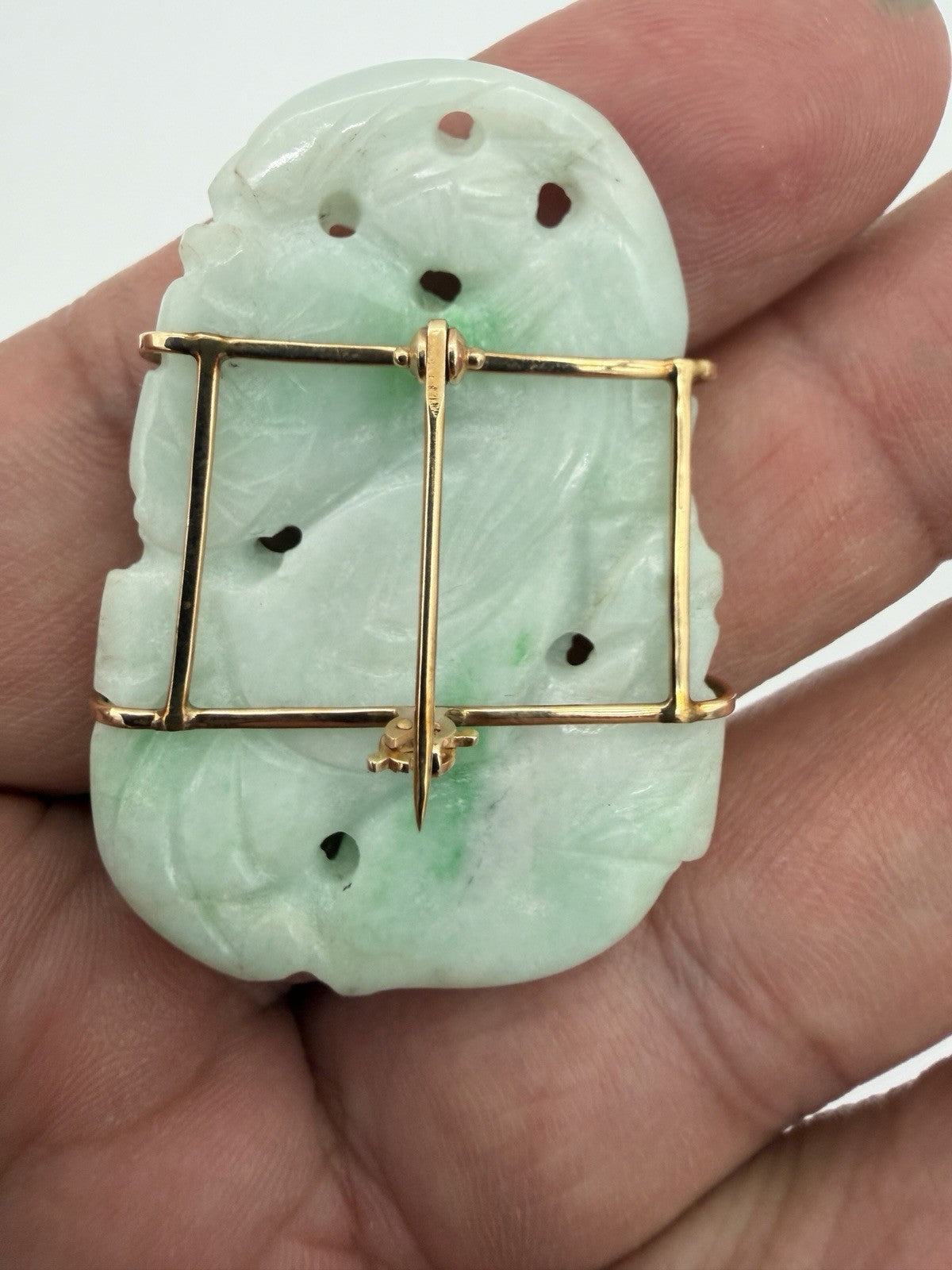 Antique Chinese 14K Yellow Gold Jadeite Jade Pin Brooch Natural Jade