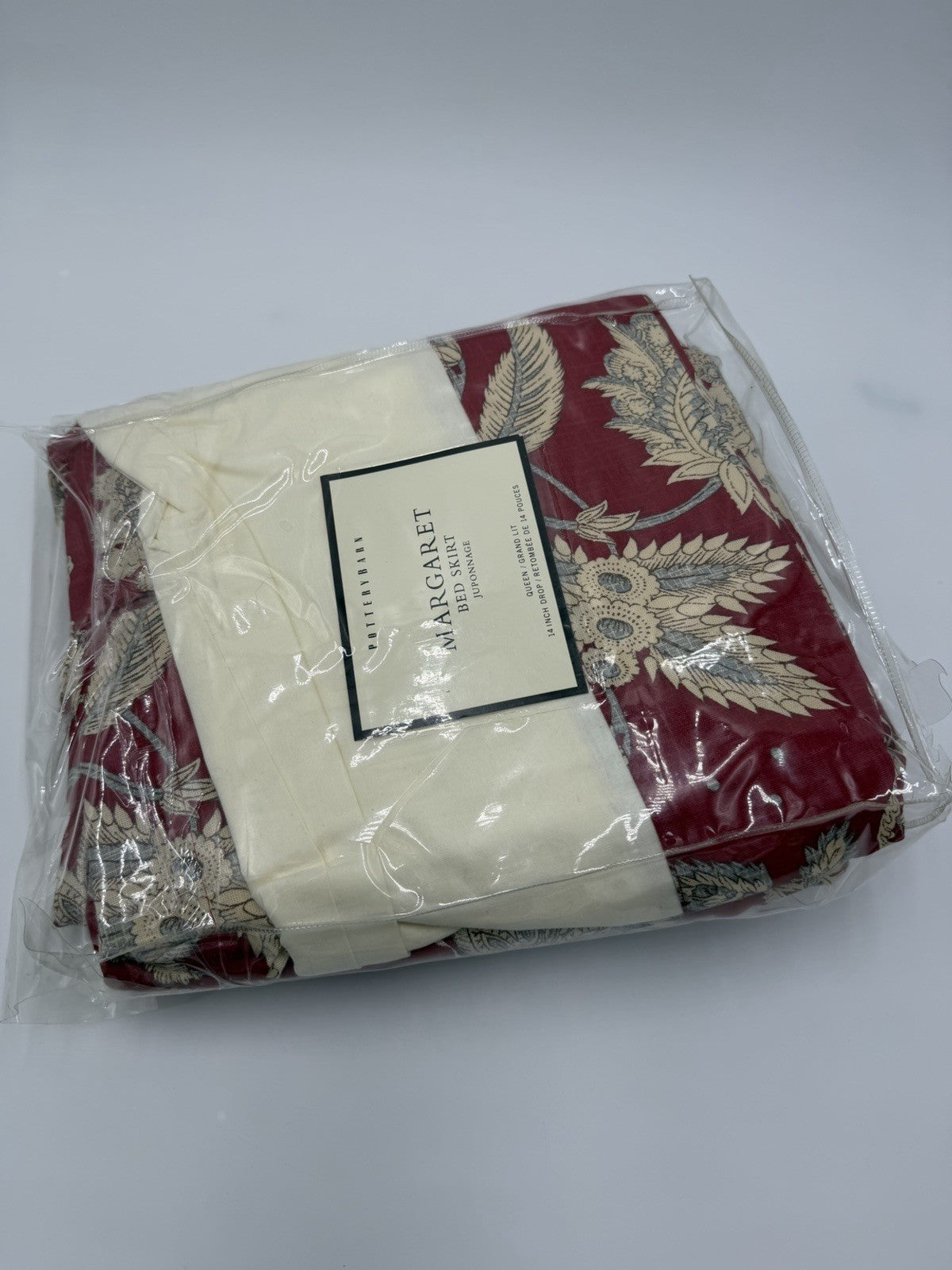 Pottery Barn Margaret bed skirt juponnage Cotton Linen Floral Beige Red Queen