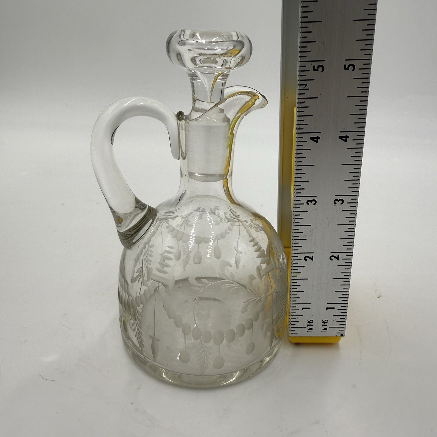 Antique Hawkes Etched Oil & Vinegar pitcher W/ Glass Stopper Rare Signed 5.5in