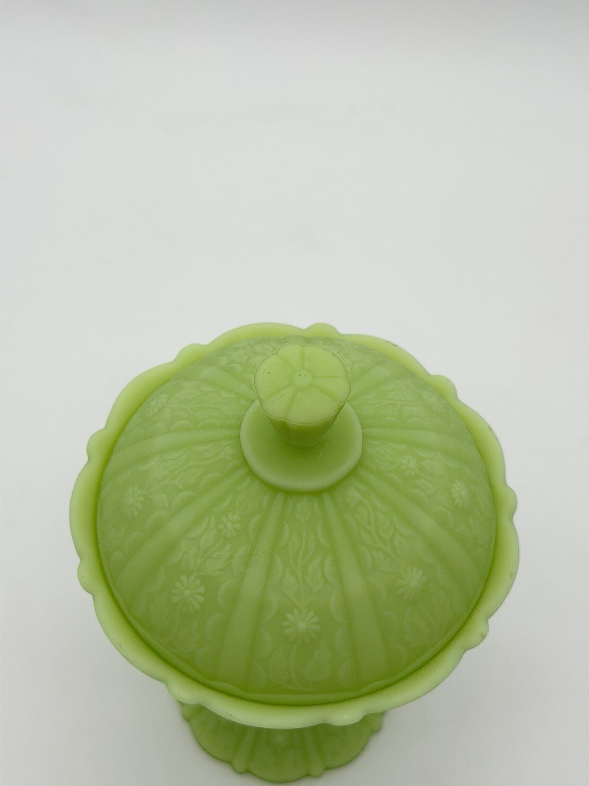 Fenton Art Glass Lime Green Satin Custard Compote Candy Dish Daisy Uranium 9”