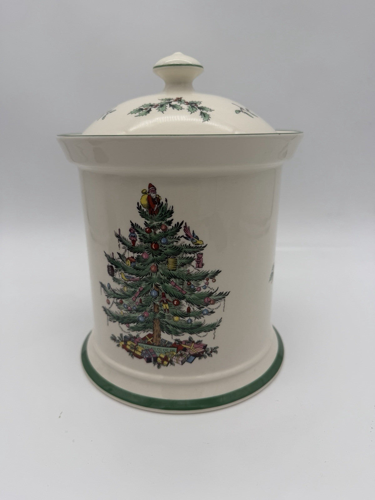 Spode Christmas Tree Canister Cookie Jar W/Rubber Seal On Lid 9”H Vtg England