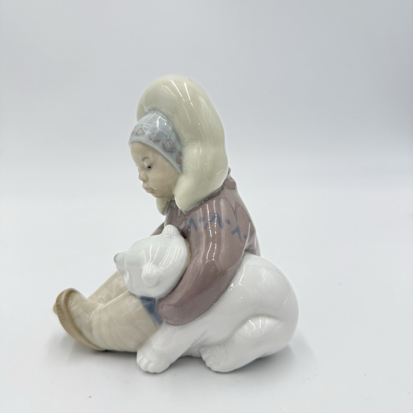 LLADRO Spain Porcelain Eskimo Inuit Boy playing  With Polar Bear Cub Figurine
