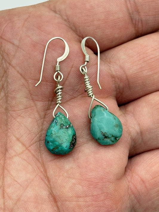 Native Blue Turquoise Nugget Sterling Silver Beads Earrings 1" Women Jewelry