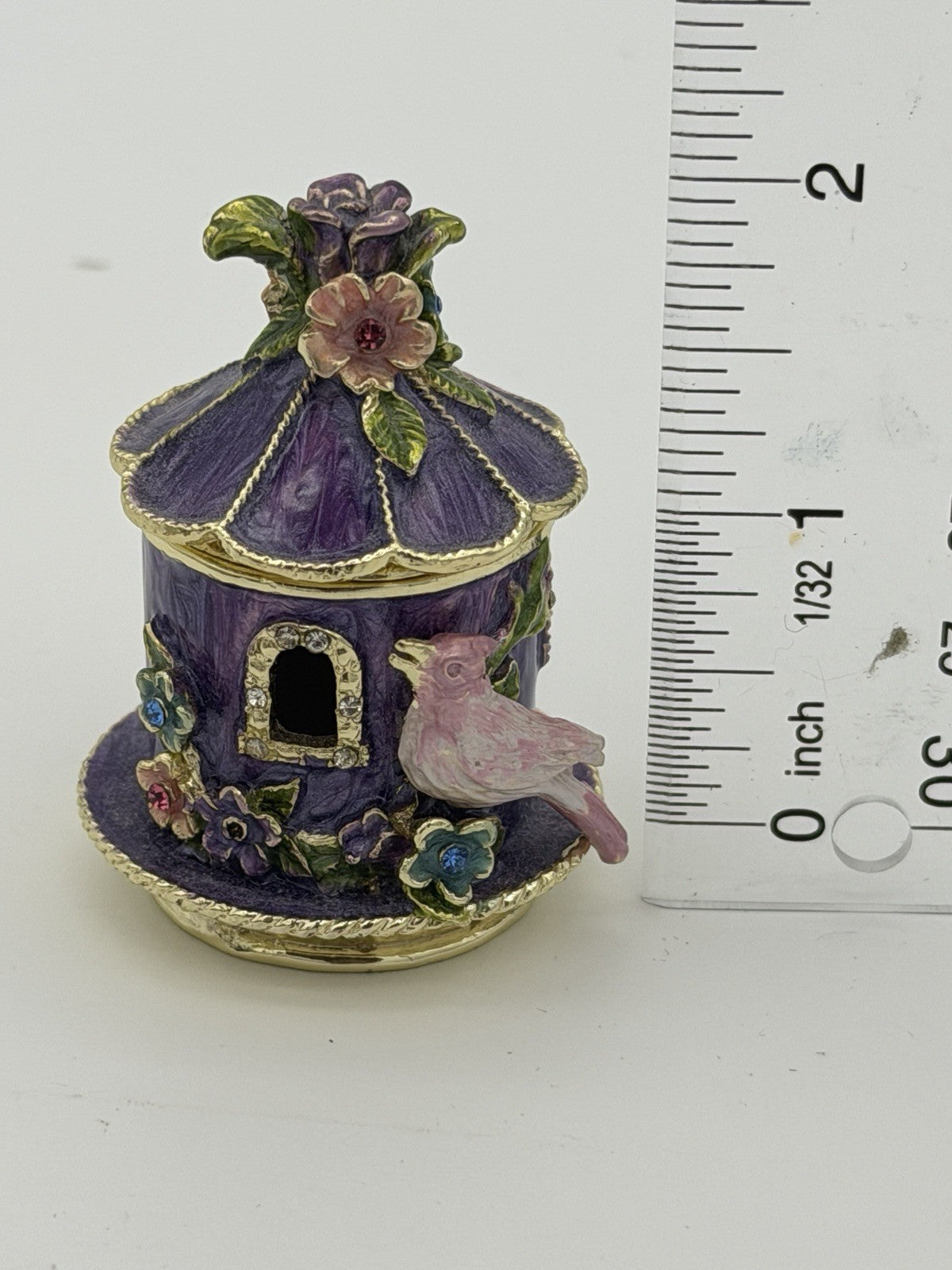 Enamel Purple Gold Gilt Birdhouse Trinket Box Jewelry Box Pink Purple Metal 2”