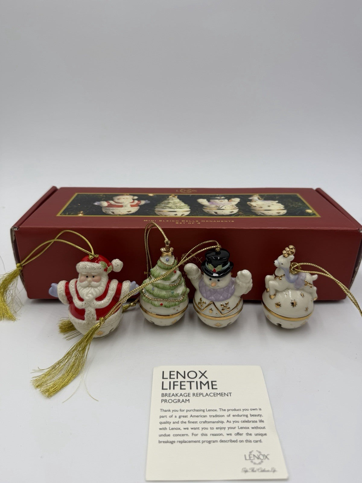 Lenox Porcelain USA Mini Sleigh Bells Ornaments Set Of 4 Reindeer Santa Snowman
