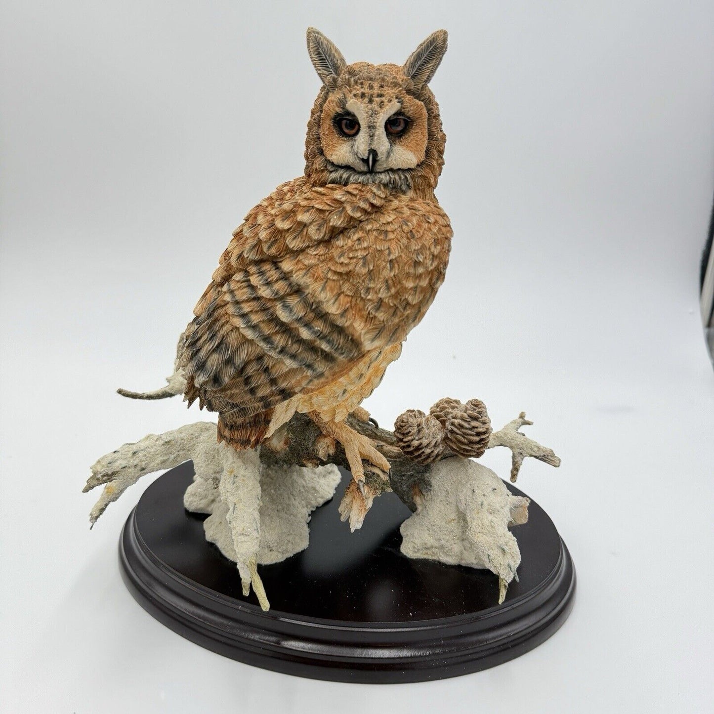 Large Country Artist Long Eared Owl Painted On Wooden Base 2002 Rare 11”H