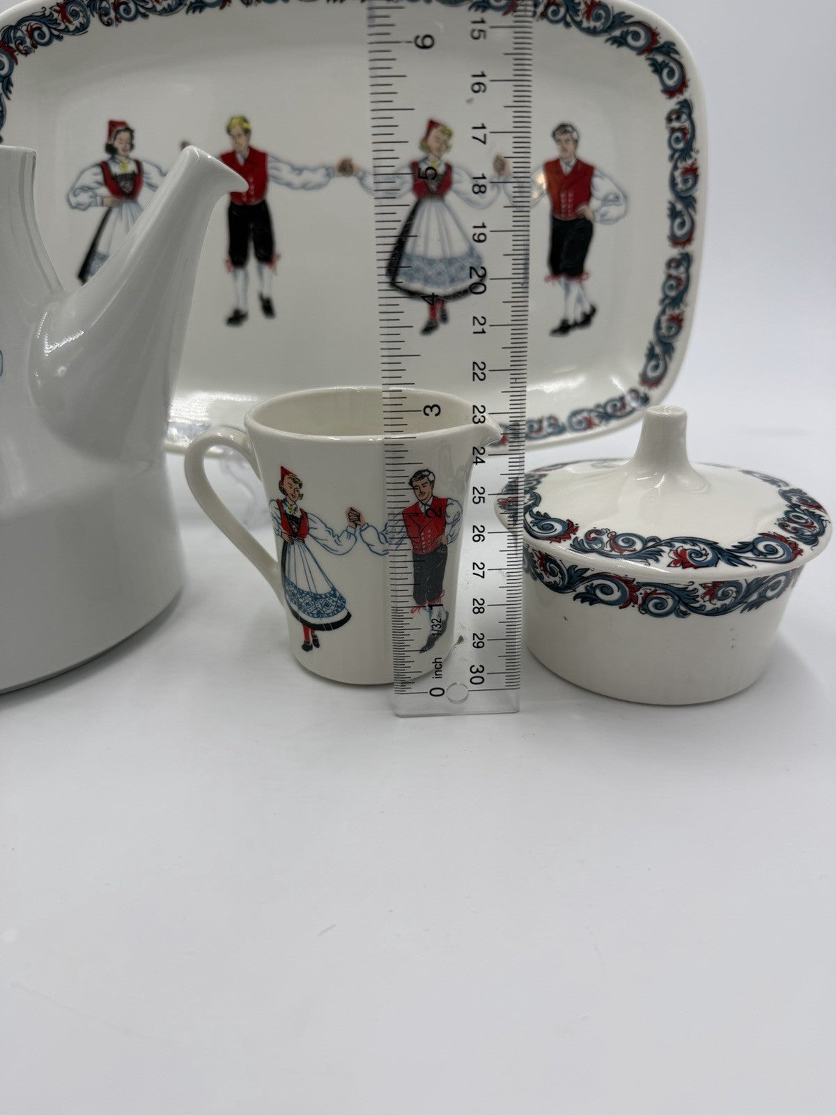 Vintage Figgjo Flint Hardanger Dancers Teapot Creamer Sugar Bowl Platter  Norway