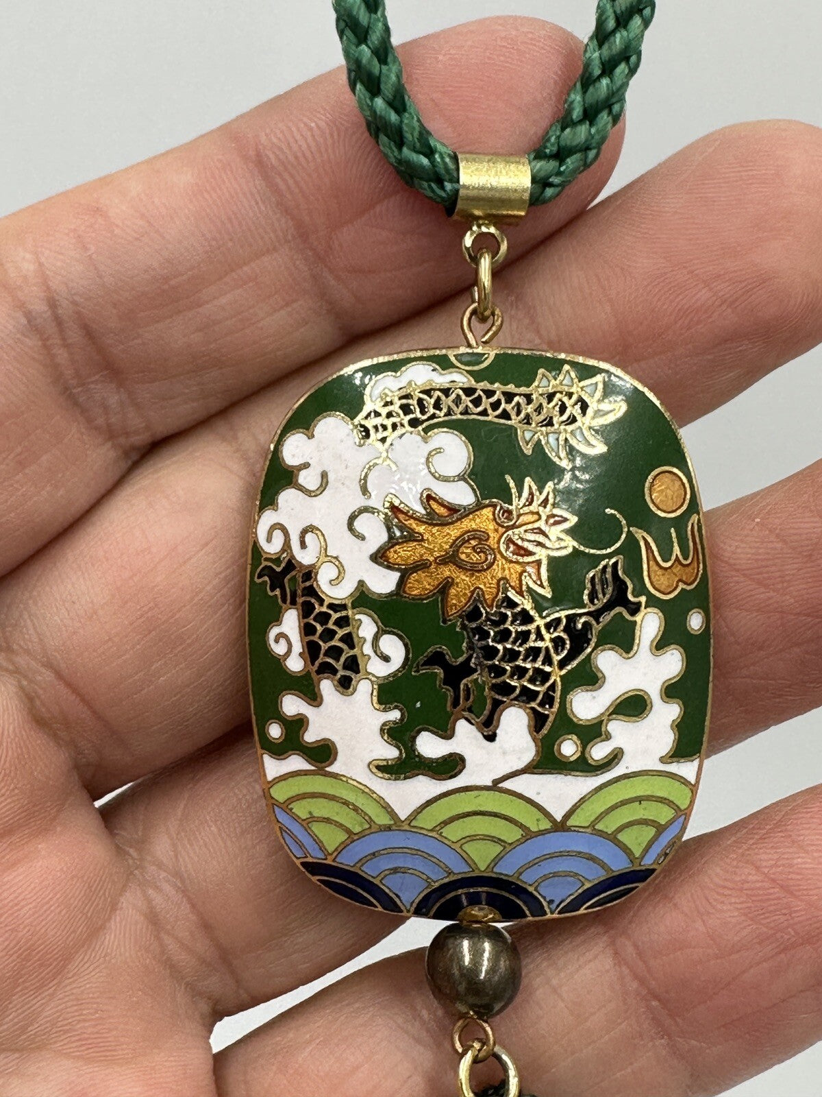 Necklace Tasseled Enamel Pendant Asian Dragon Design Gold Tone Vintage Green