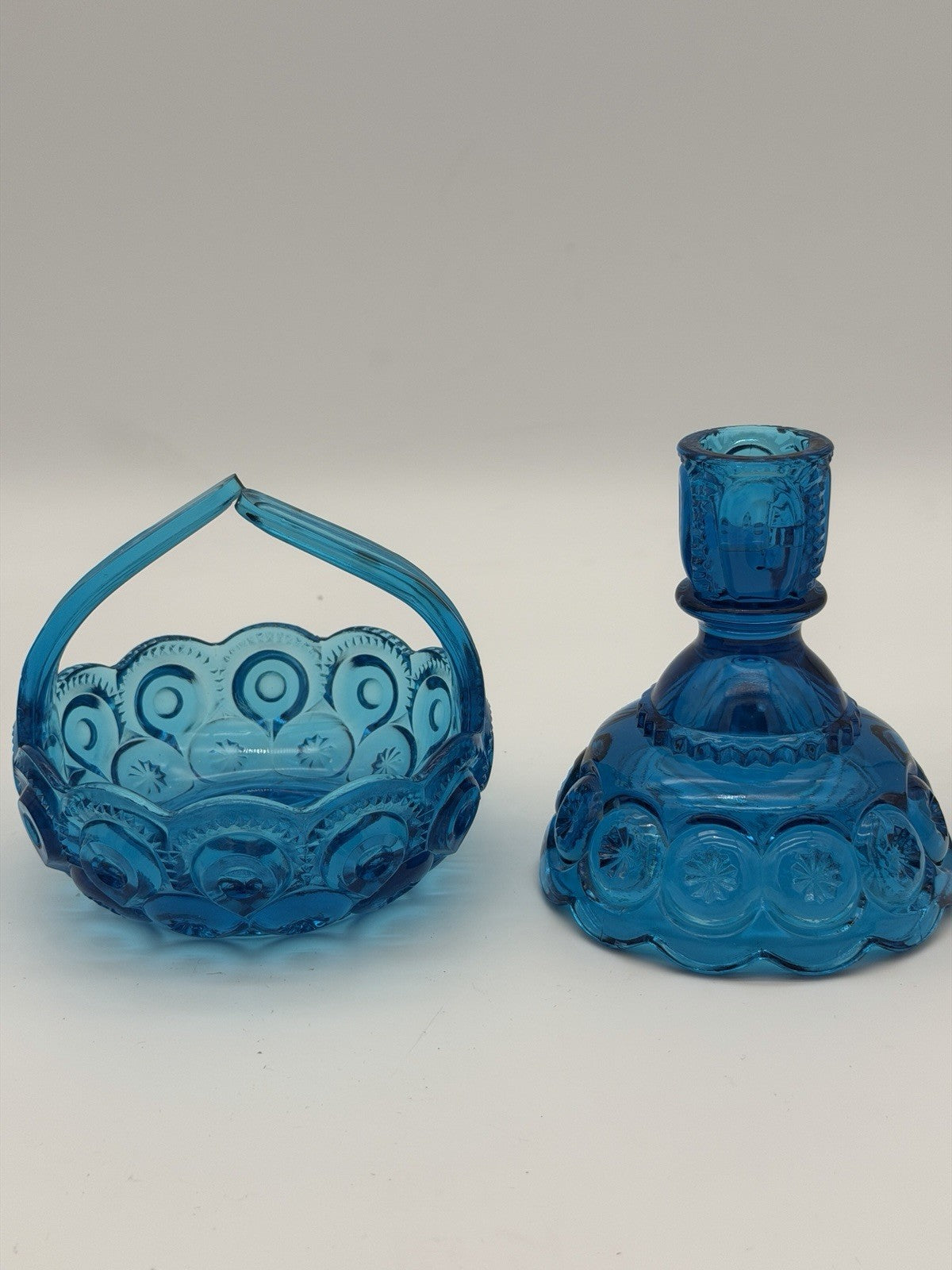 MCM LE Smith Moon & Stars Art glass basket & Candleholder colonial blue Set