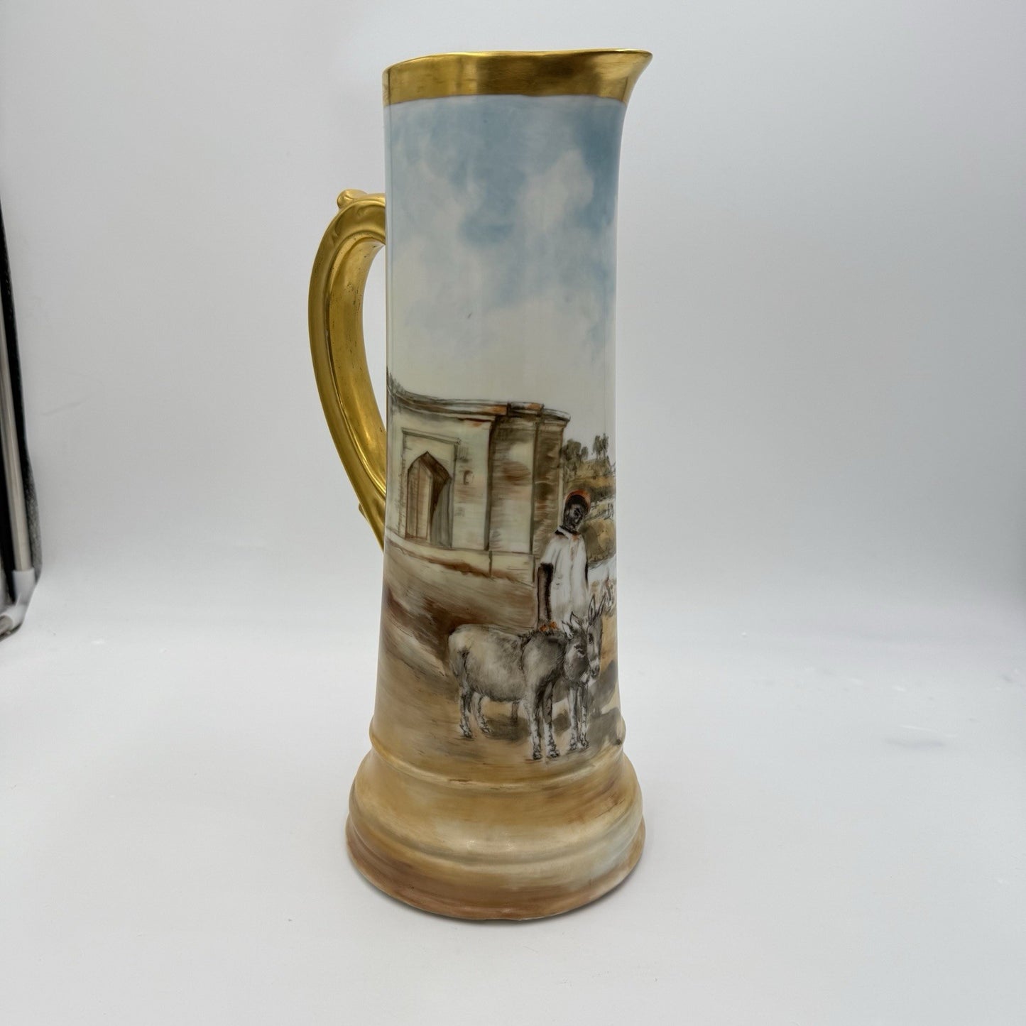 T&V Limoges France Hand Painted Pitcher Signed By Woodrow 1899 14.5” Donkey