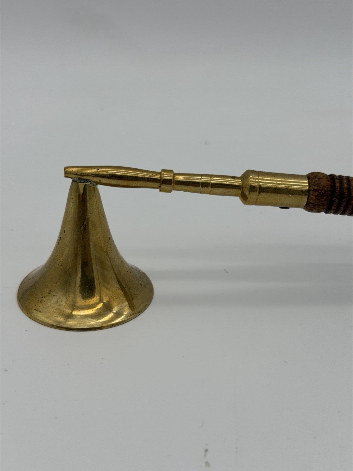 Vintage Brass /Wood Carved Handle Candle Snuffer 12” Retro Mid Century
