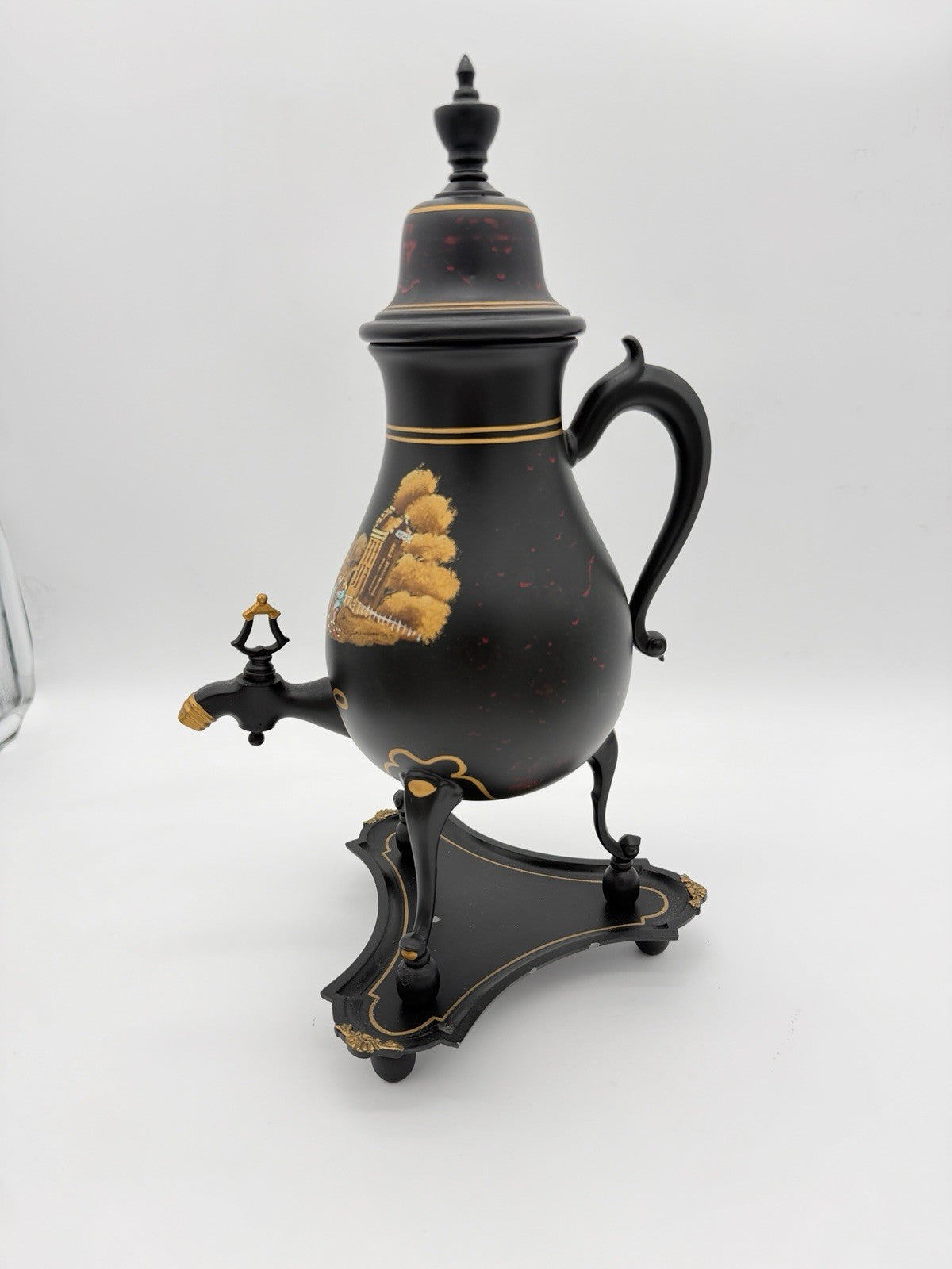 vintage C. Kurz & Co Tiel Dutch black & gold Hand painted pewter samovar W/base