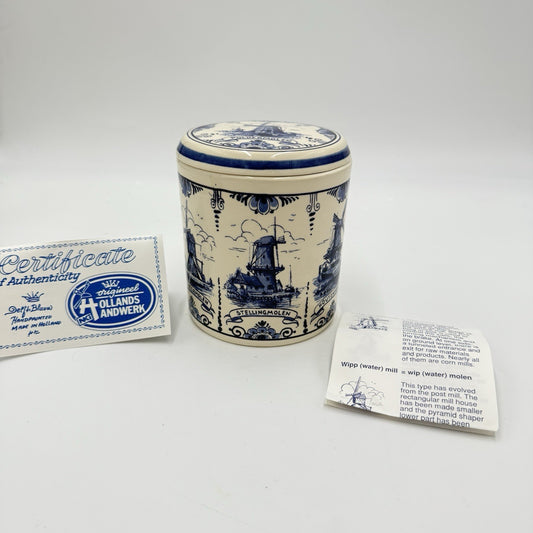Vintage Delft Blue Windmill Storage Canister Hand Painted Dutch COA Paperwork