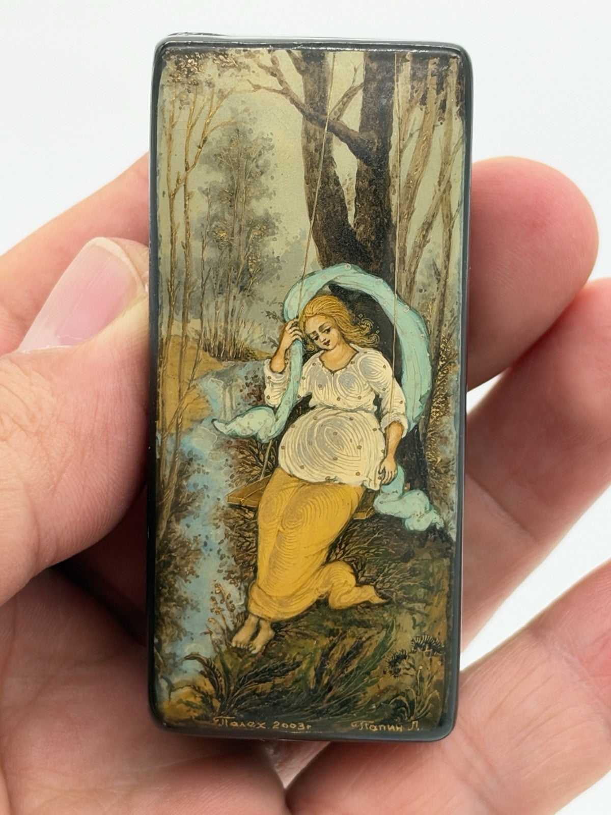 handpainted Russian lacquer miniature trinket box Palekh signed Lapin L Folk Art