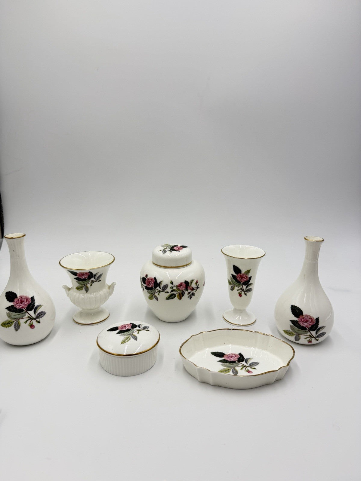 Wedgwood Bone China England Hathaway Rose Lot 7 PCs Vases Trinket Tray