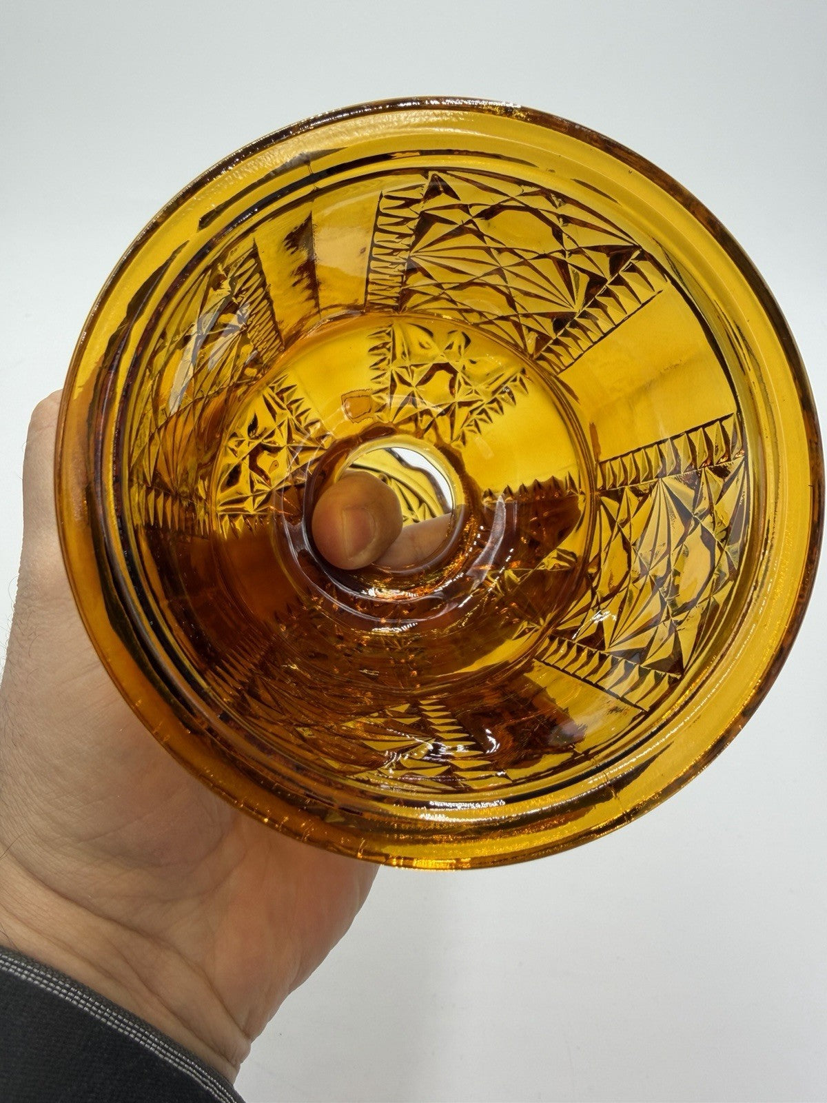 Vintage Indiana Art Glass Amber Stars & Bars Fairy Lamp Candle Holder Votive 7”