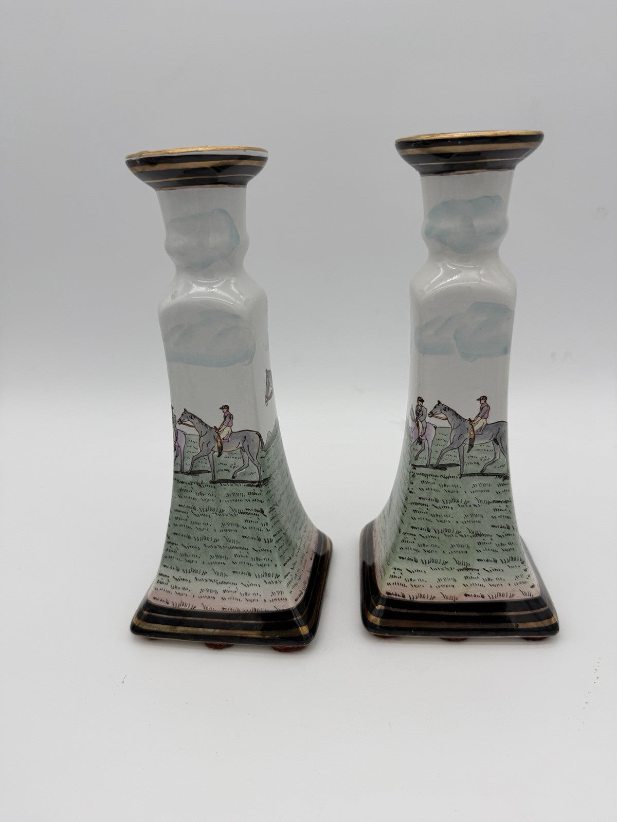 Vintage Chinese Equestrian Hand-Painted Porcelain Candle Holder by Nieman Marcus