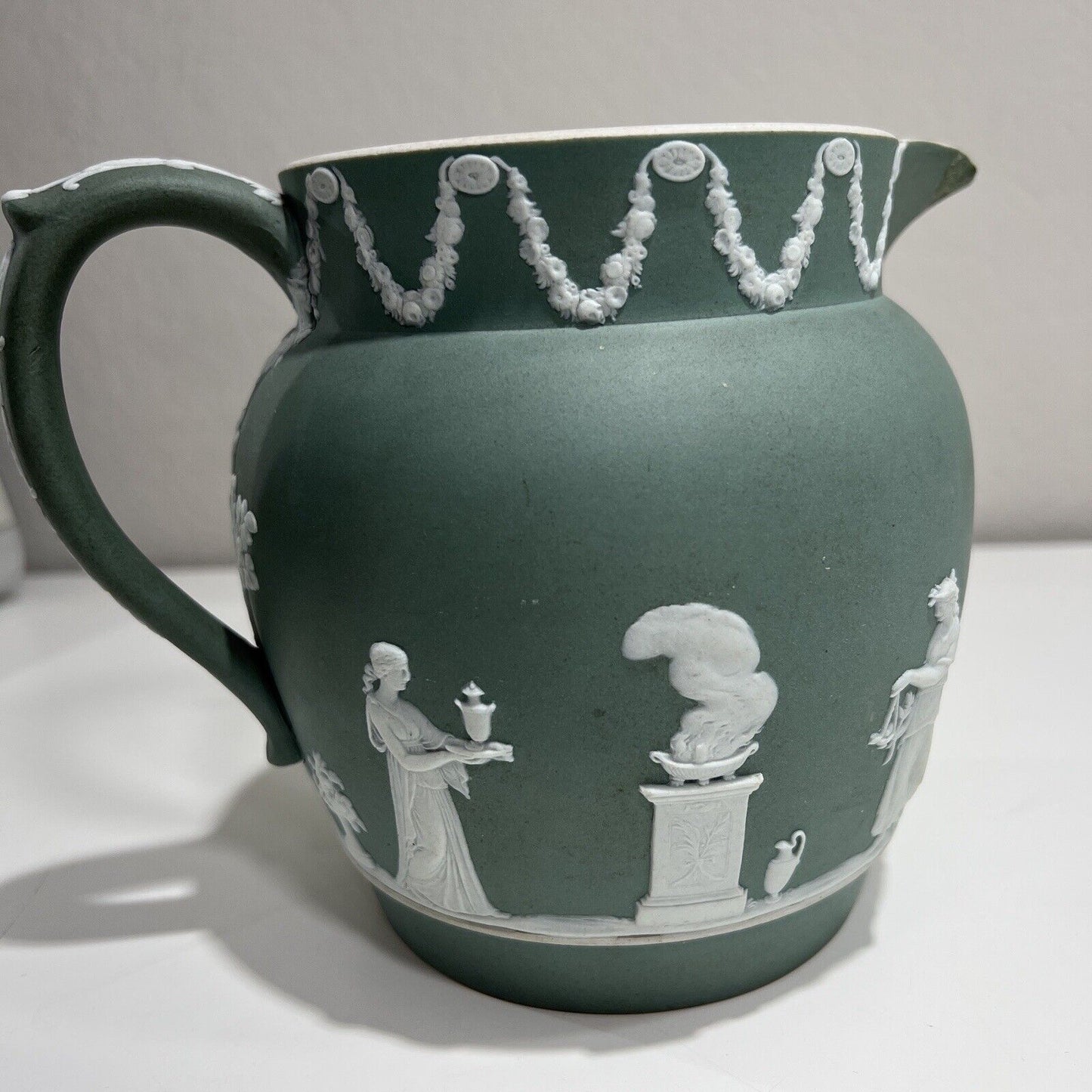 Wedgwood Pitcher Jasperware Dark Green Antique 6in Serveware Collectible Handle