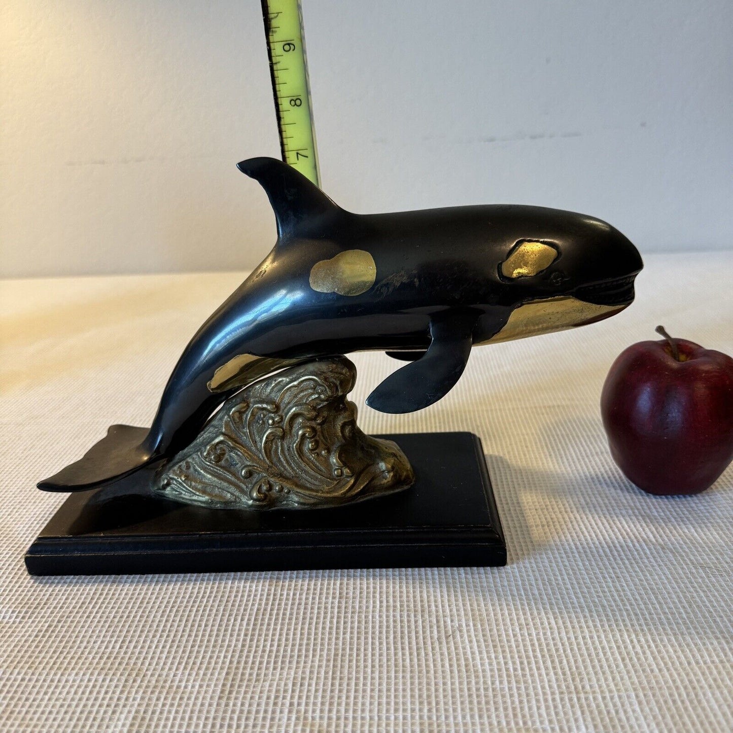 Orca Metal Sculpture No Marking Wooden Base Randy Puckett Style Not Original