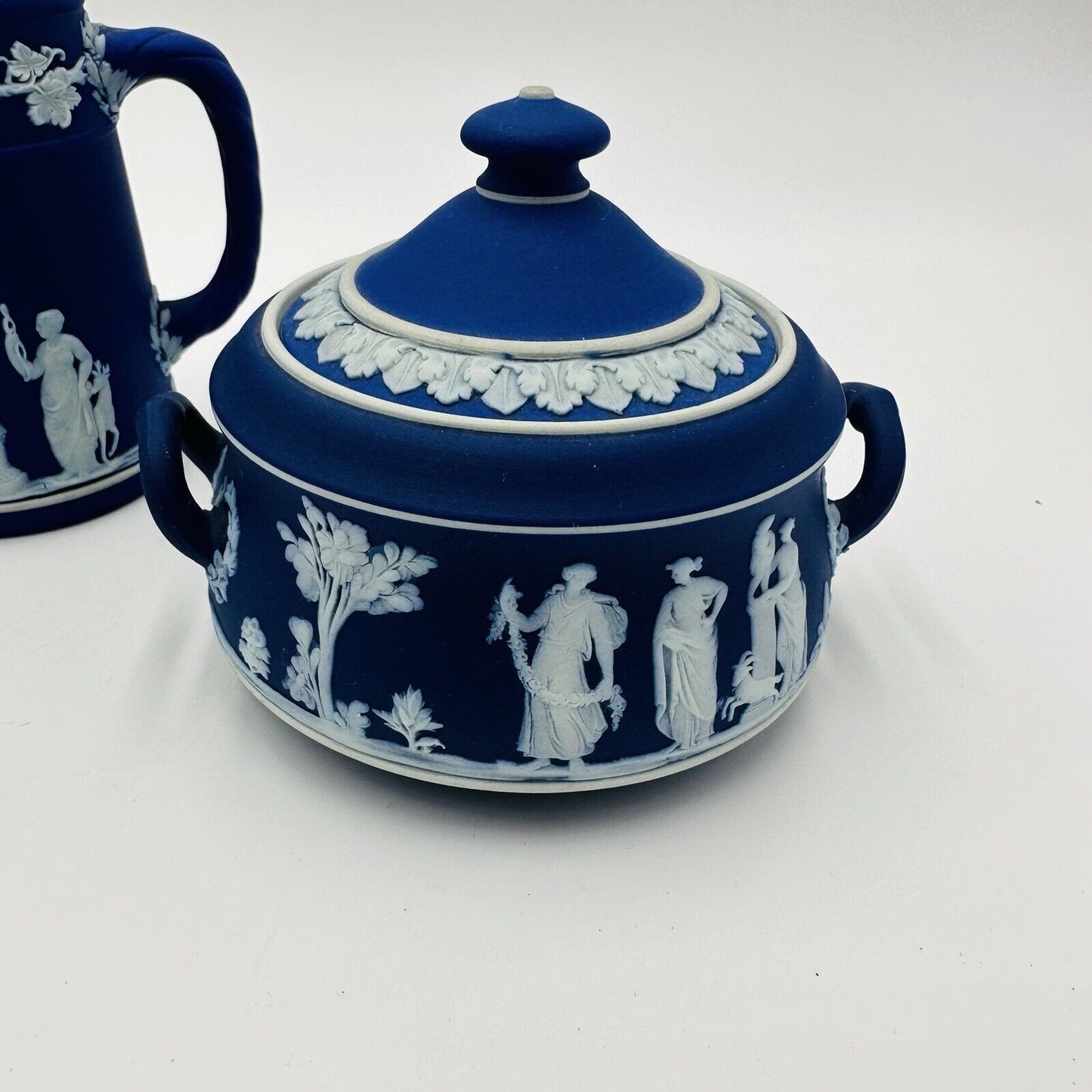 Wedgwood Teapot Sugar Bowl Pitcher Dipped Cobalt Blue #43 Set Jasperware