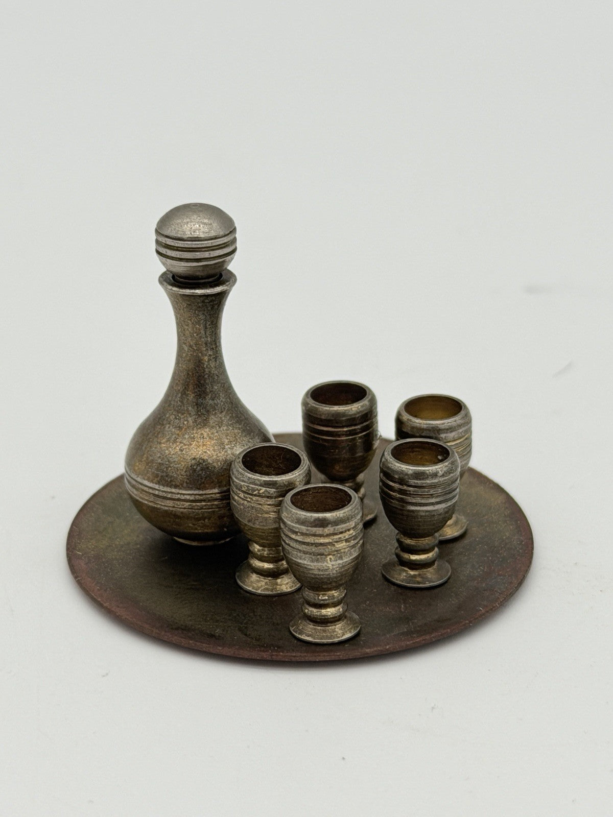 Vintage Dollhouse Miniature Brass 7pc Wine Set Tray Mini Goblets & Decanter 1:12