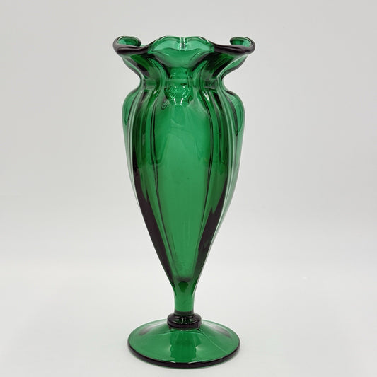 MCM Wayne Husted Stelvia emerald green art glass ruffled compote Vase 9.5in