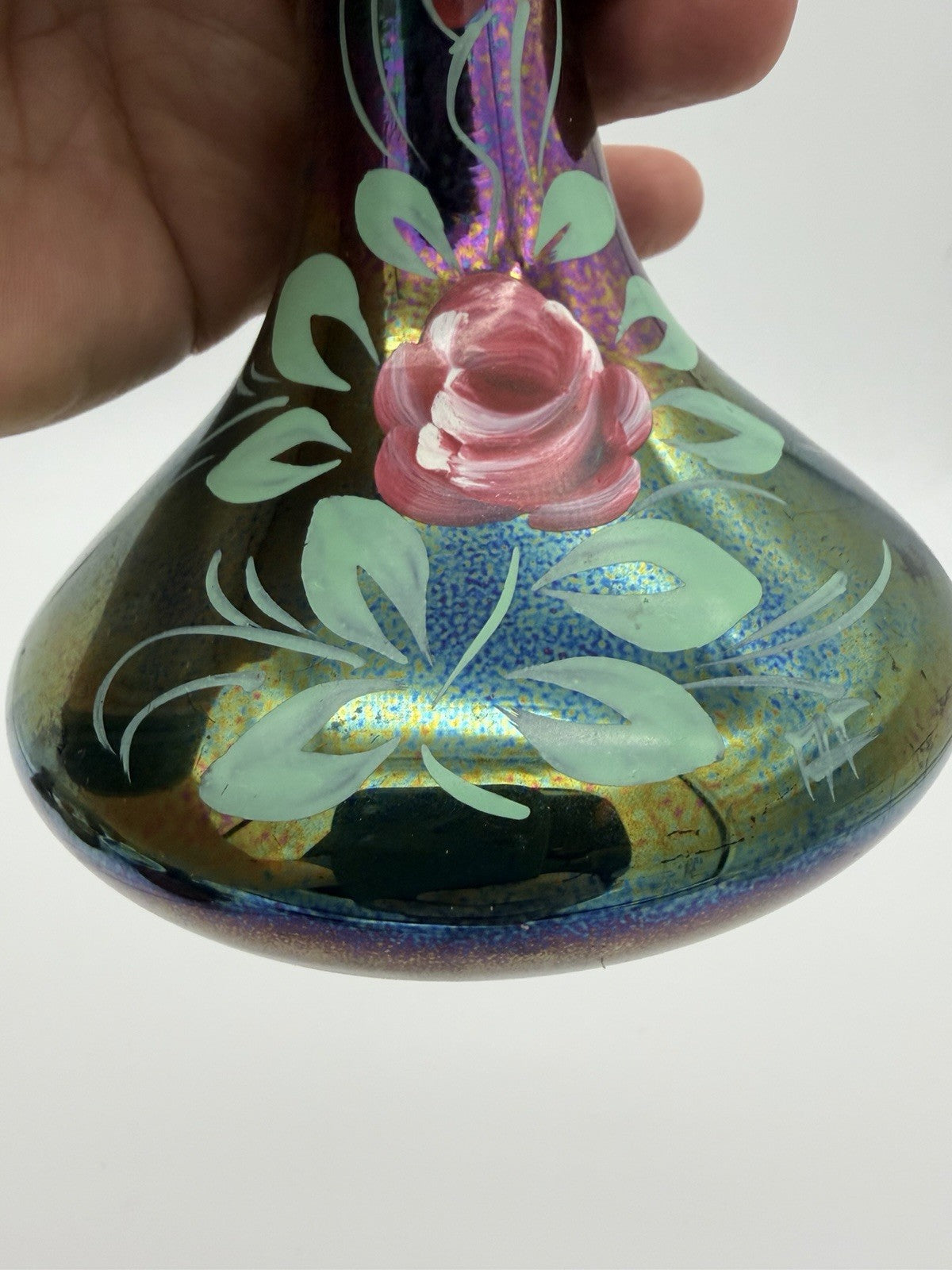 Vintage Art Nouveau Iridescent Art Glass Painted Rose Signed Vase 9”H