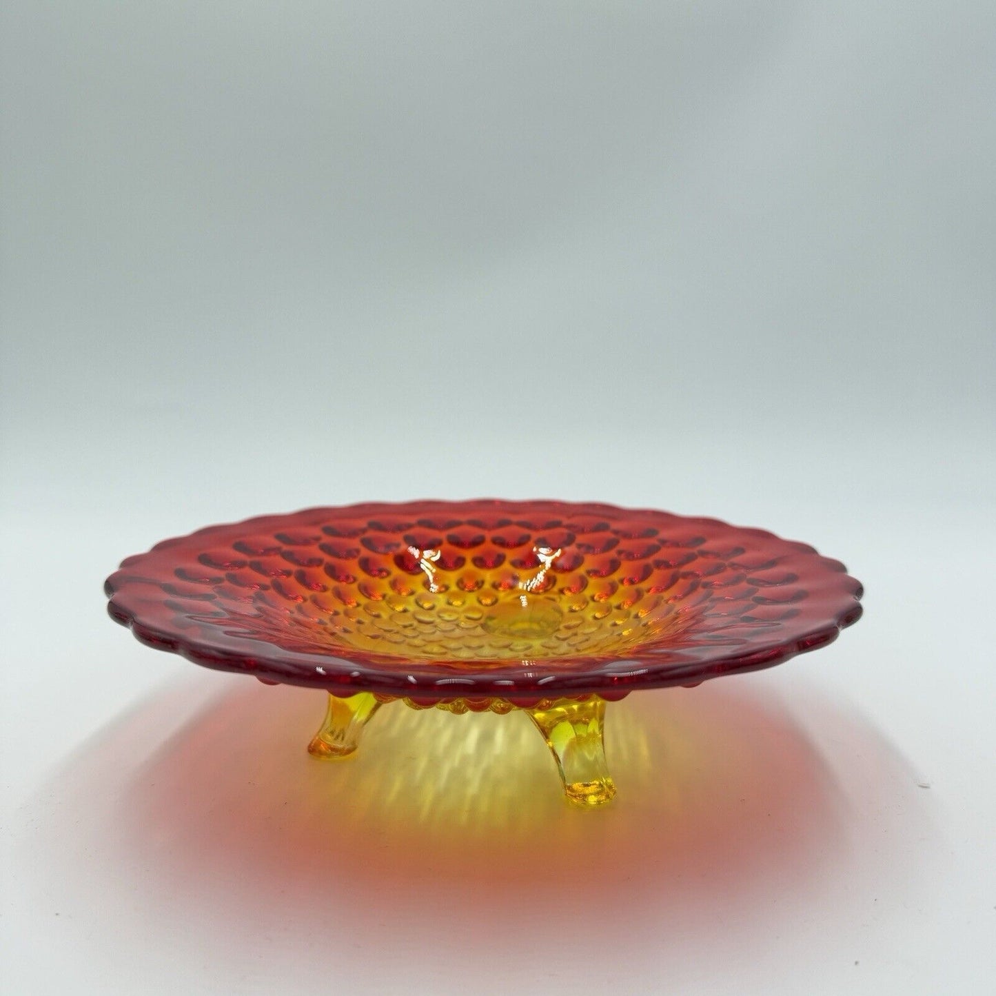 Vintage Fenton Art Glass AMBERINA Hobnail Footed Dish Bowl 7” Red/Orange